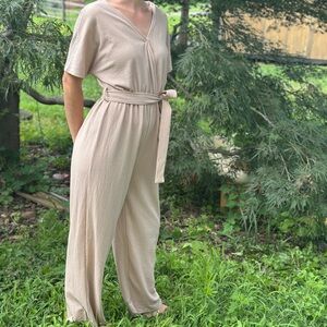 SHEIN Beige V-Neck Belted Jumpsuit